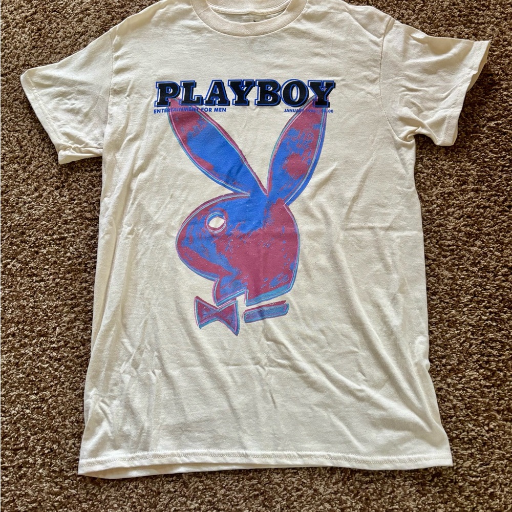 PLAYBOY Cream Tee with Blue and Pink Logo